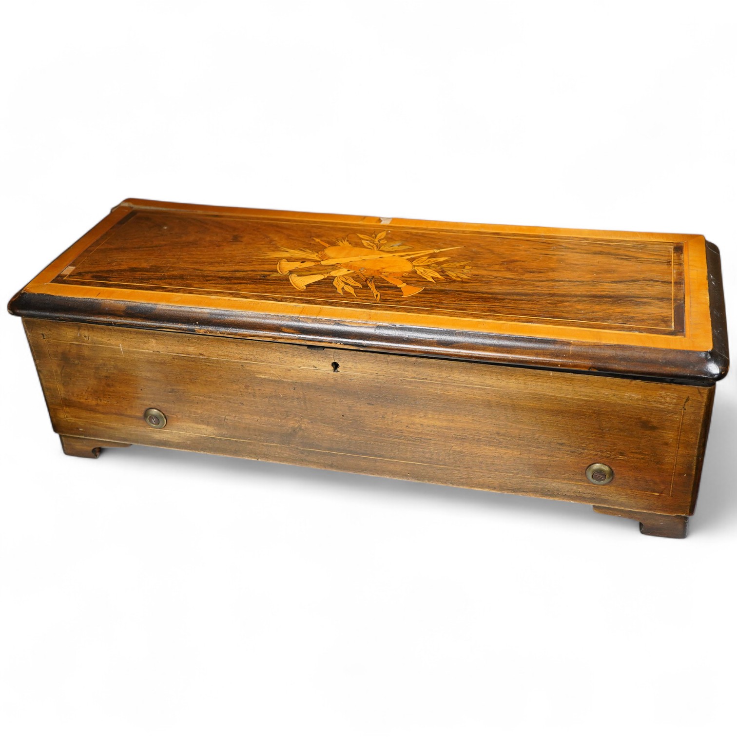 A late 19th century Swiss rosewood and marquetry cased cylinder music box, playing 10 airs, 56cm wide